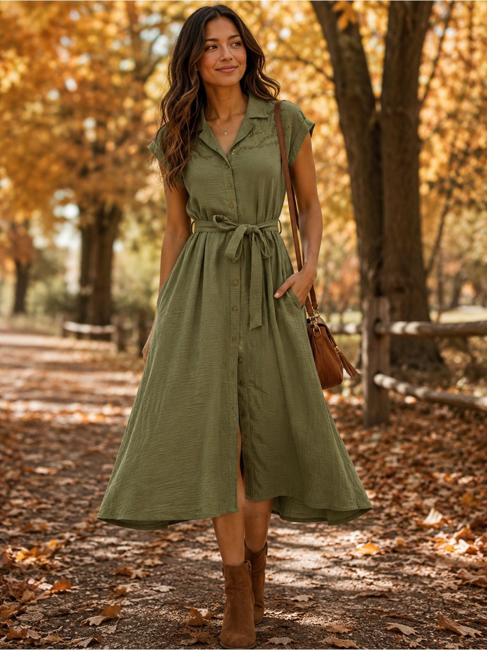Tie-Waist Olive Green Maxi Shirt Dress